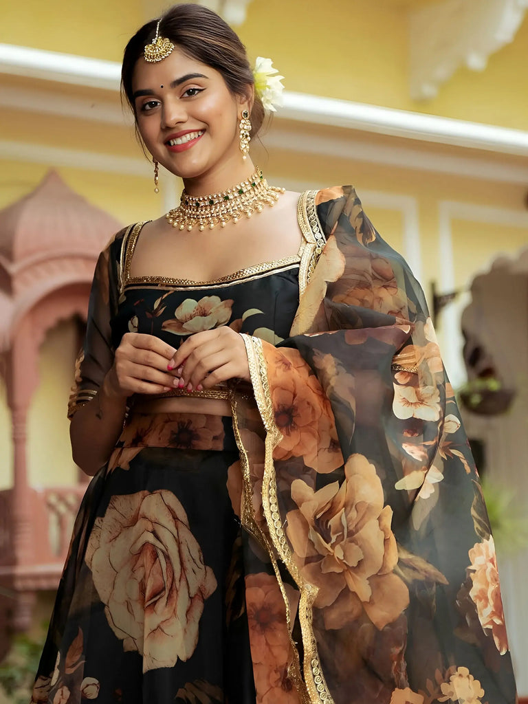 Black Floral Printed Organza  Event Wear Lehenga Choli