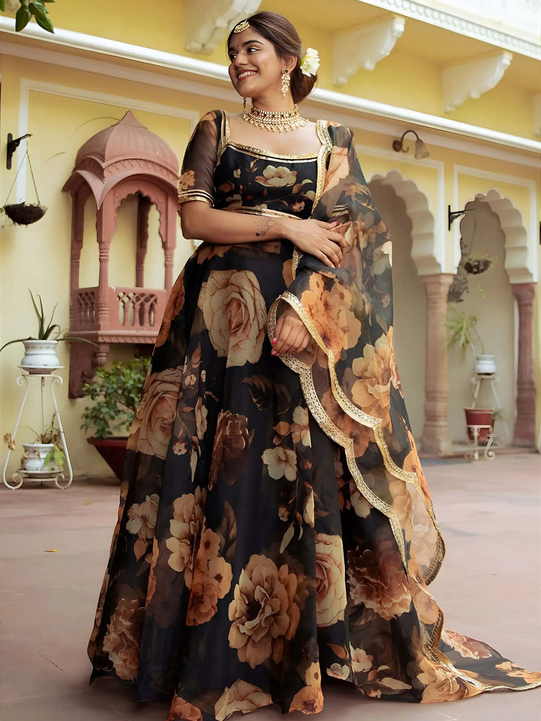 Black Floral Printed Organza  Event Wear Lehenga Choli