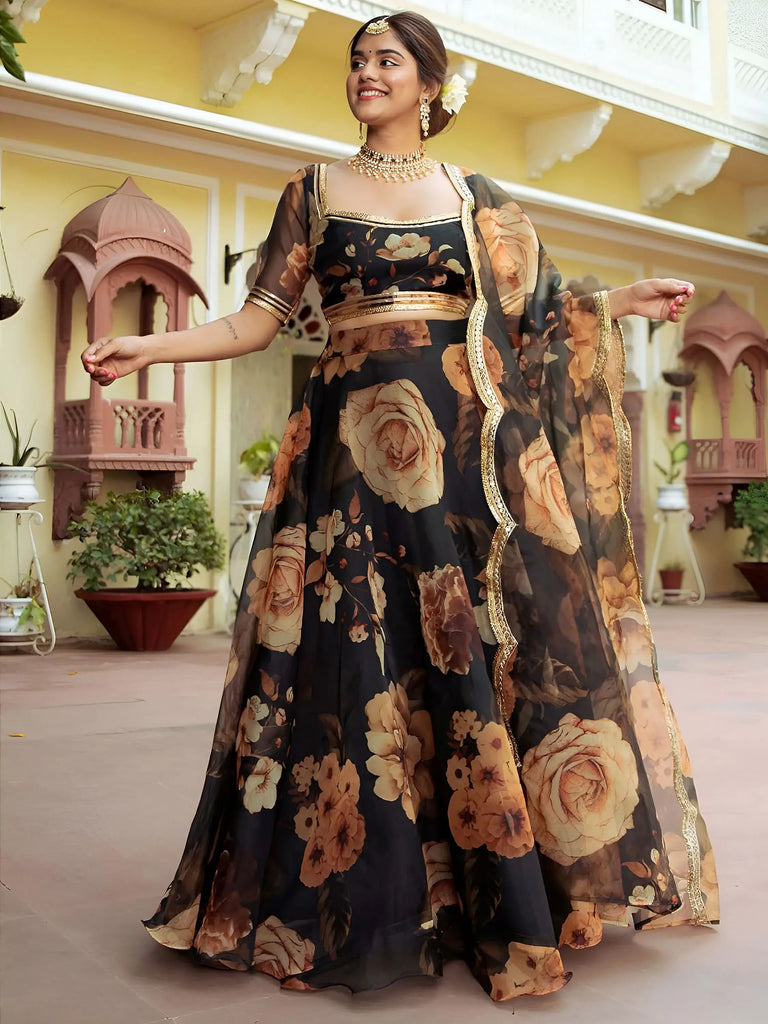 Black Floral Printed Organza  Event Wear Lehenga Choli