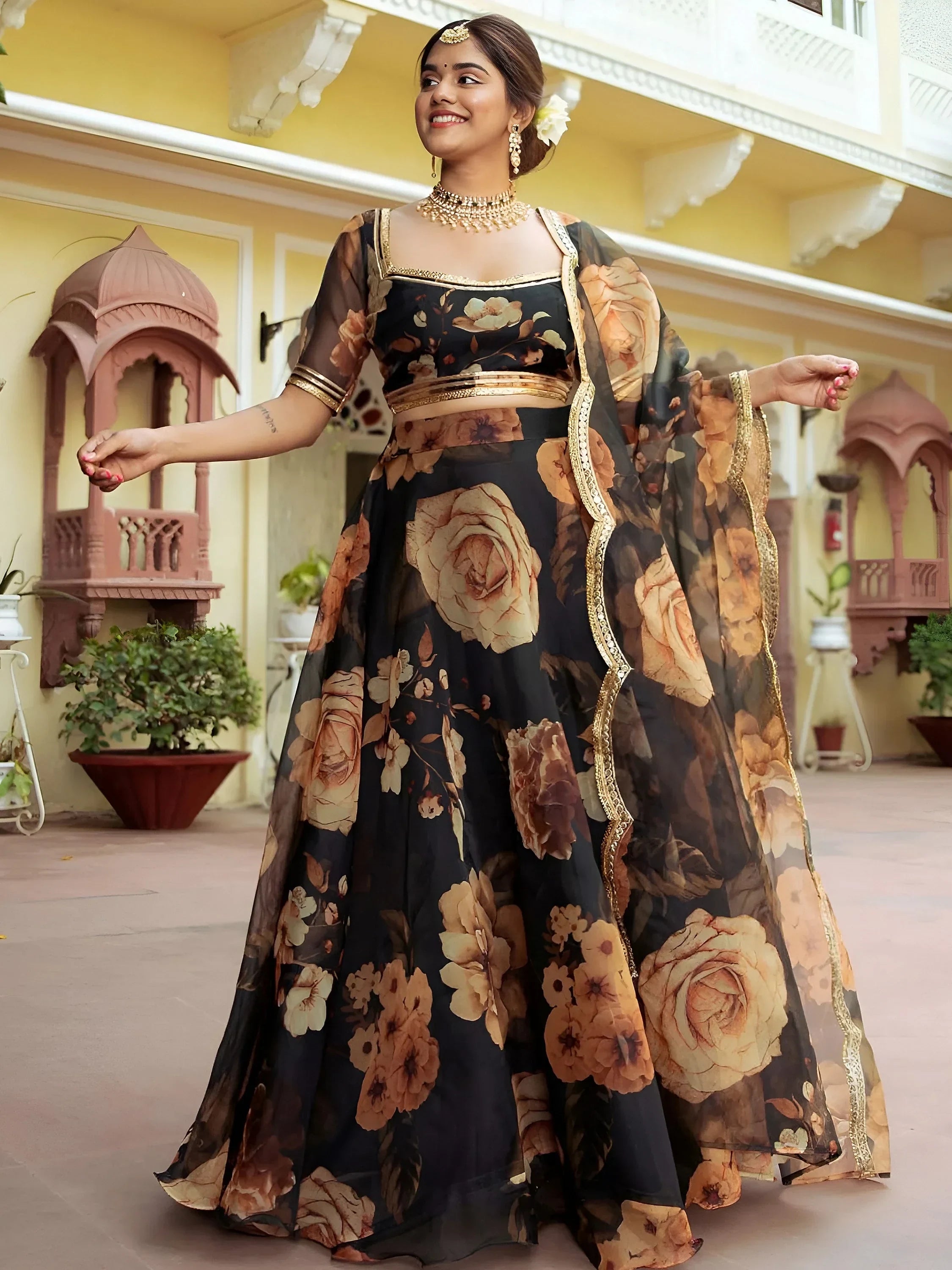 Beautiful Black Floral Printed Organza  Event Wear Lehenga Choli