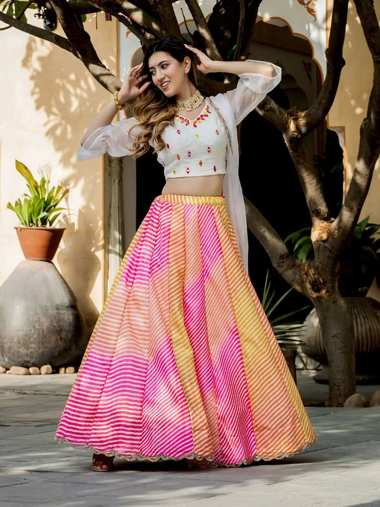 Pretty Multi-Color Leheriya Printed Art Silk  Sangeet Wear Lehenga Choli