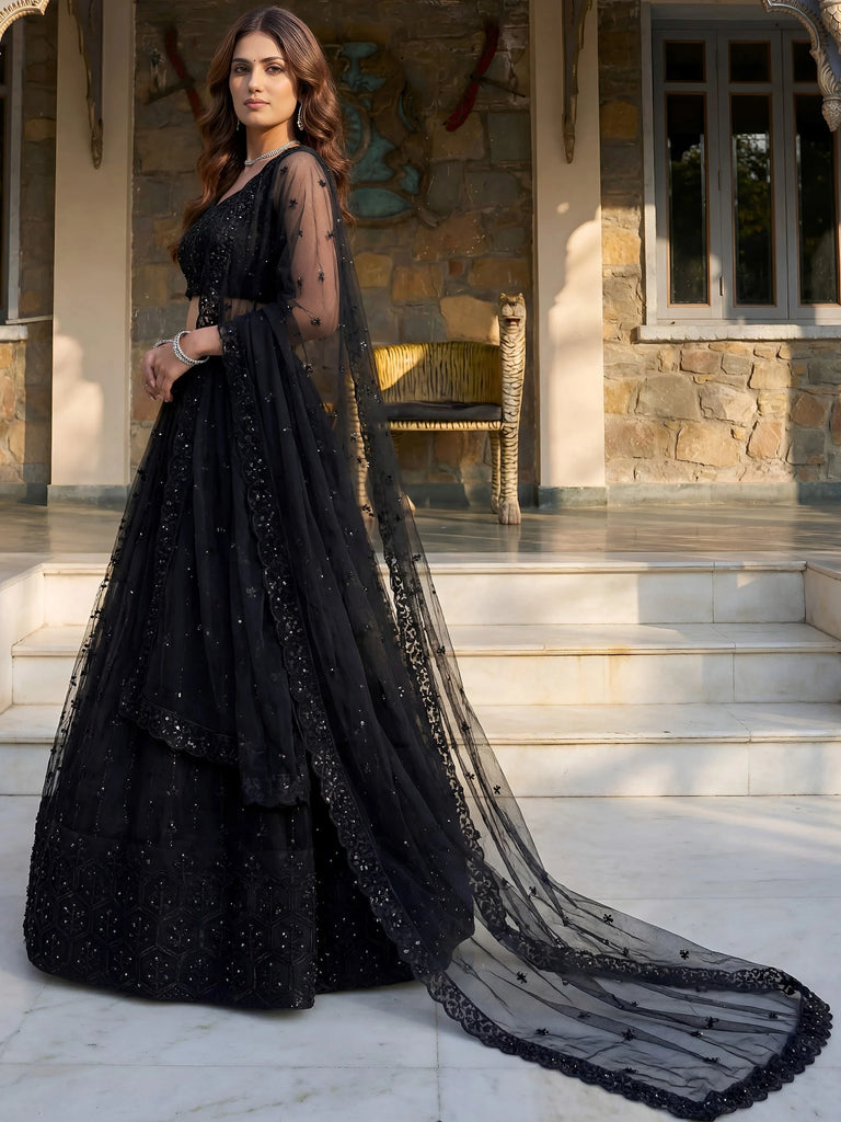 Gorgeous Black Embroidered Net Reception Wear Lehenga Choli