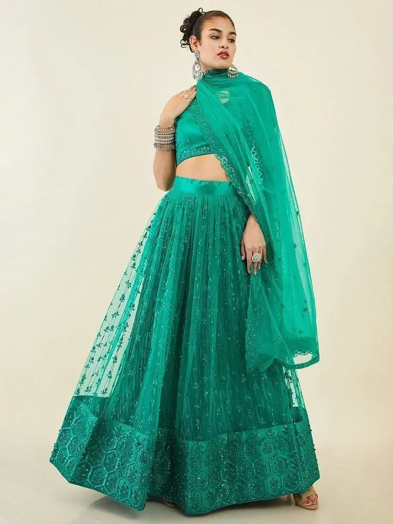 Dazzling Teal Green Sequins Net Lehenga Choli With Dupatta