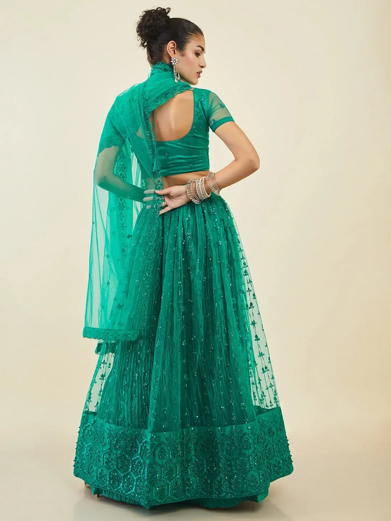 Dazzling Teal Green Sequins Net Lehenga Choli With Dupatta