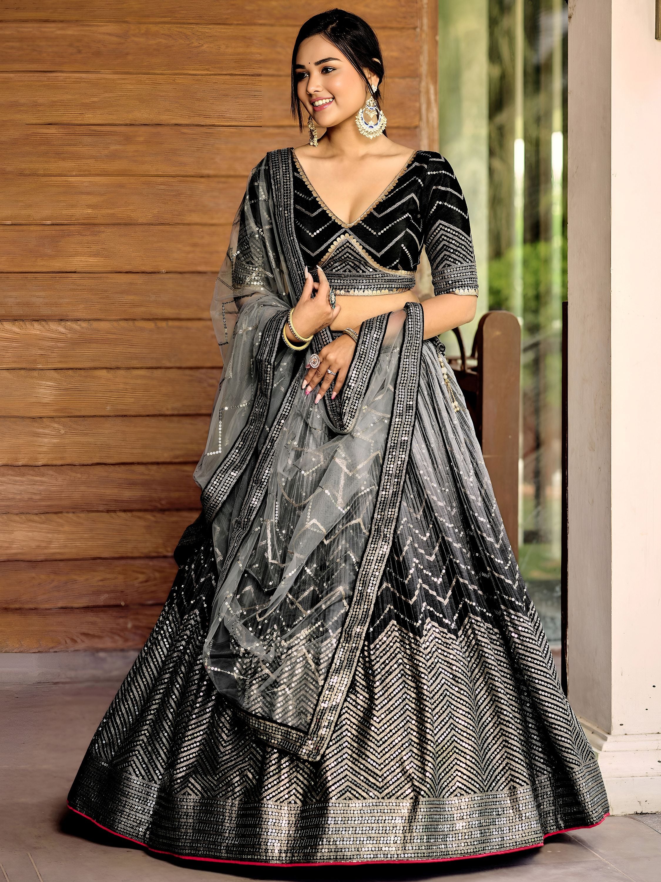 Fabulous Black Sequins Chinon Reception Wear Lehenga Choli