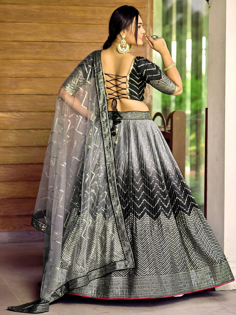Fabulous Black Sequins Chinon Reception Wear Lehenga Choli