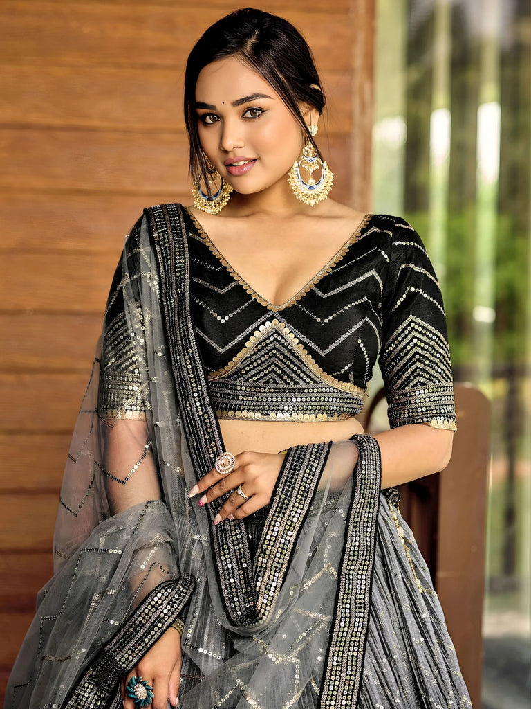 Fabulous Black Sequins Chinon Reception Wear Lehenga Choli