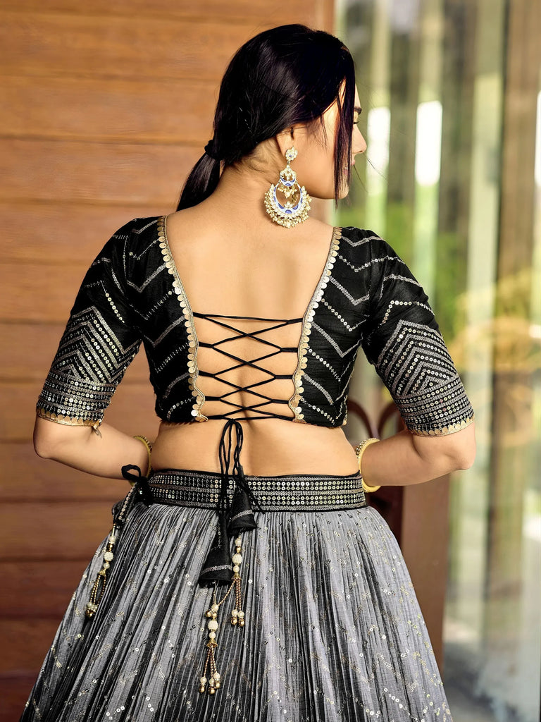 Fabulous Black Sequins Chinon Reception Wear Lehenga Choli