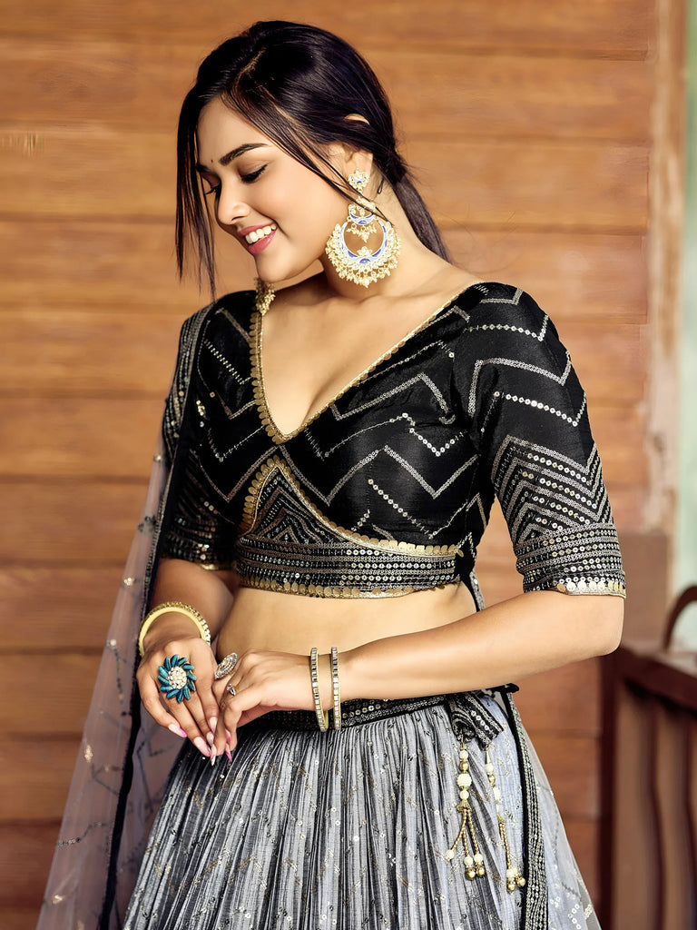Fabulous Black Sequins Chinon Reception Wear Lehenga Choli