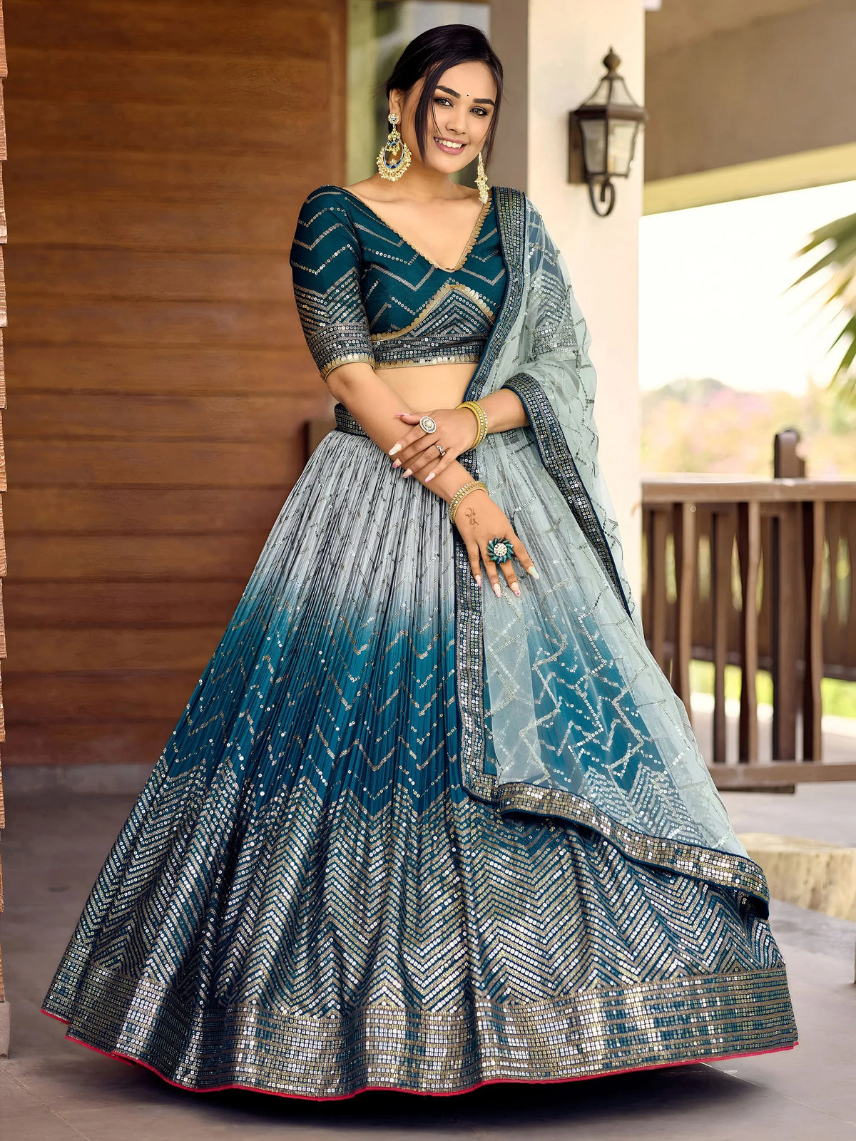 Wonderful Blue Sequins Chinon Function Wear Lehenga Choli
