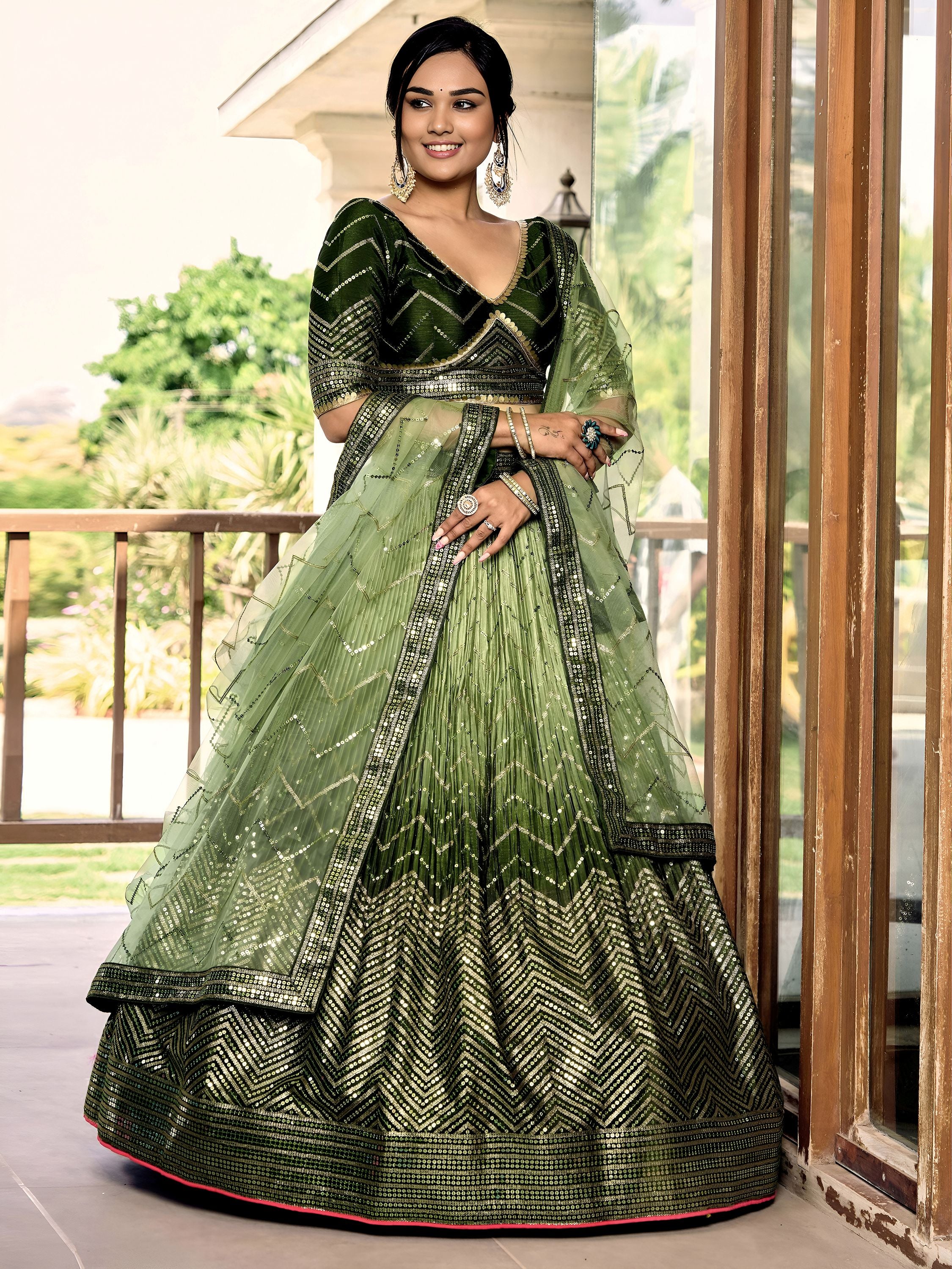 Awesome Green Sequins Chinon Mehendi Wear Lehenga Choli