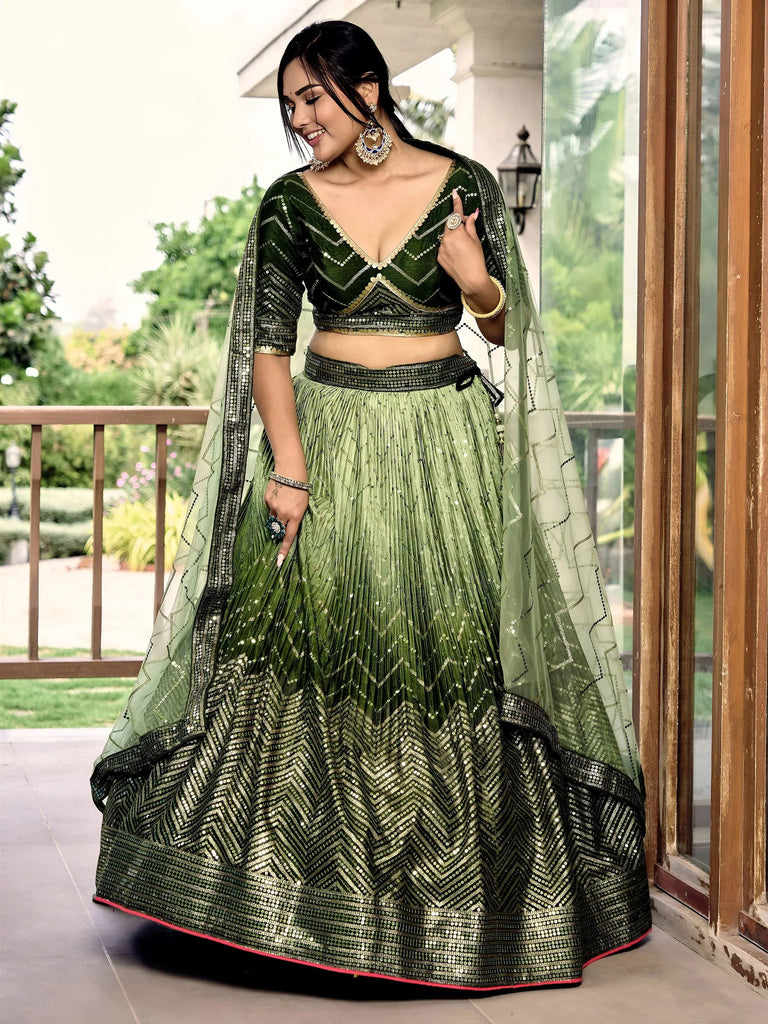 Awesome Green Sequins Chinon Mehendi Wear Lehenga Choli