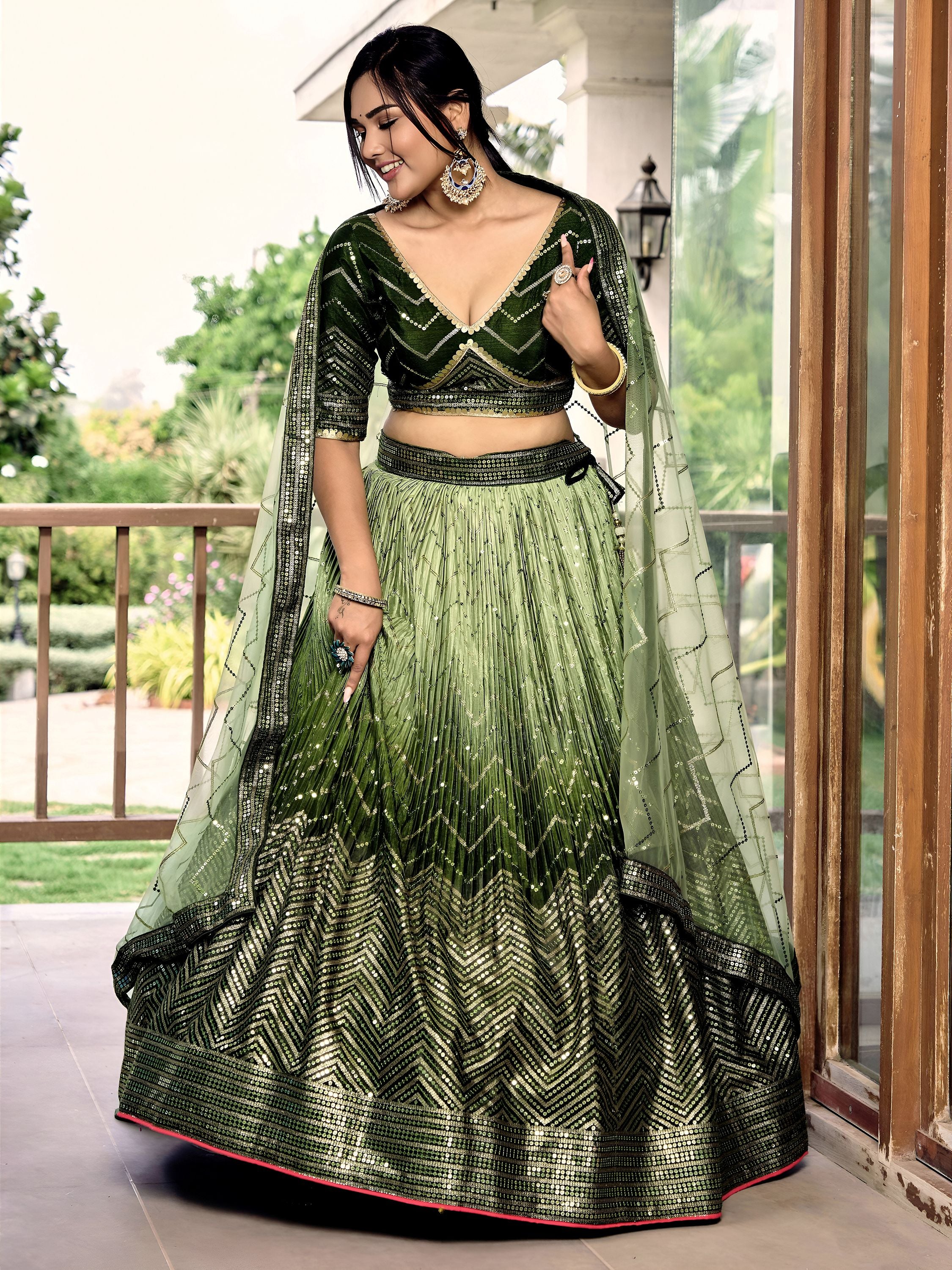 Awesome Green Sequins Chinon Mehendi Wear Lehenga Choli