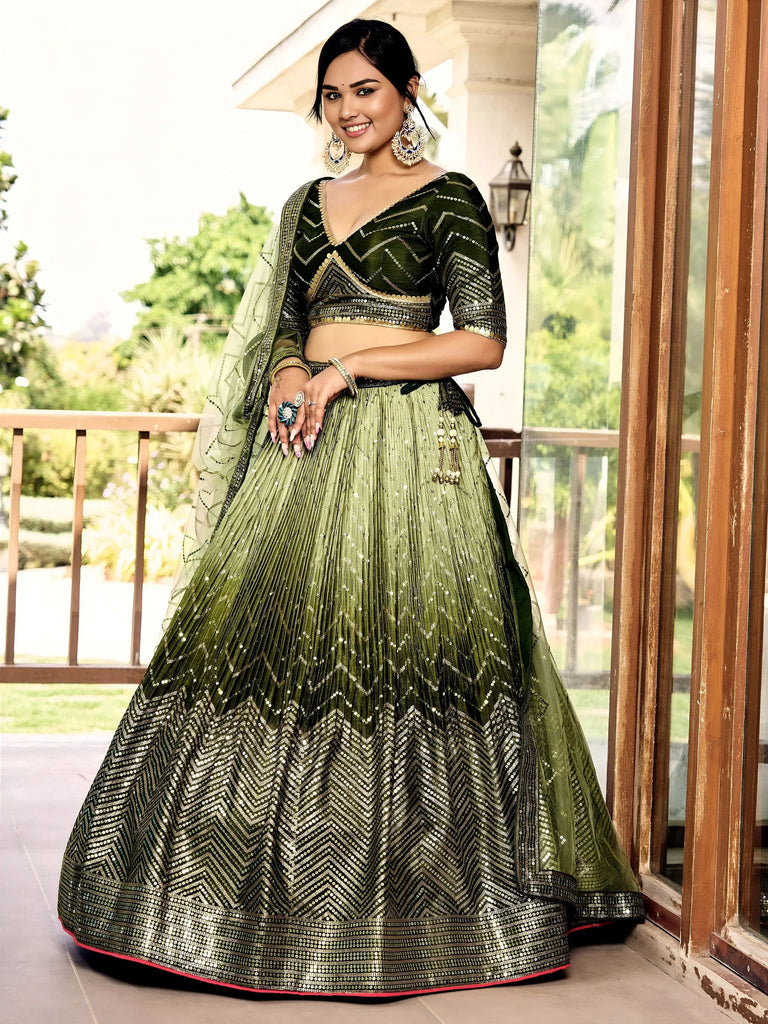Awesome Green Sequins Chinon Mehendi Wear Lehenga Choli