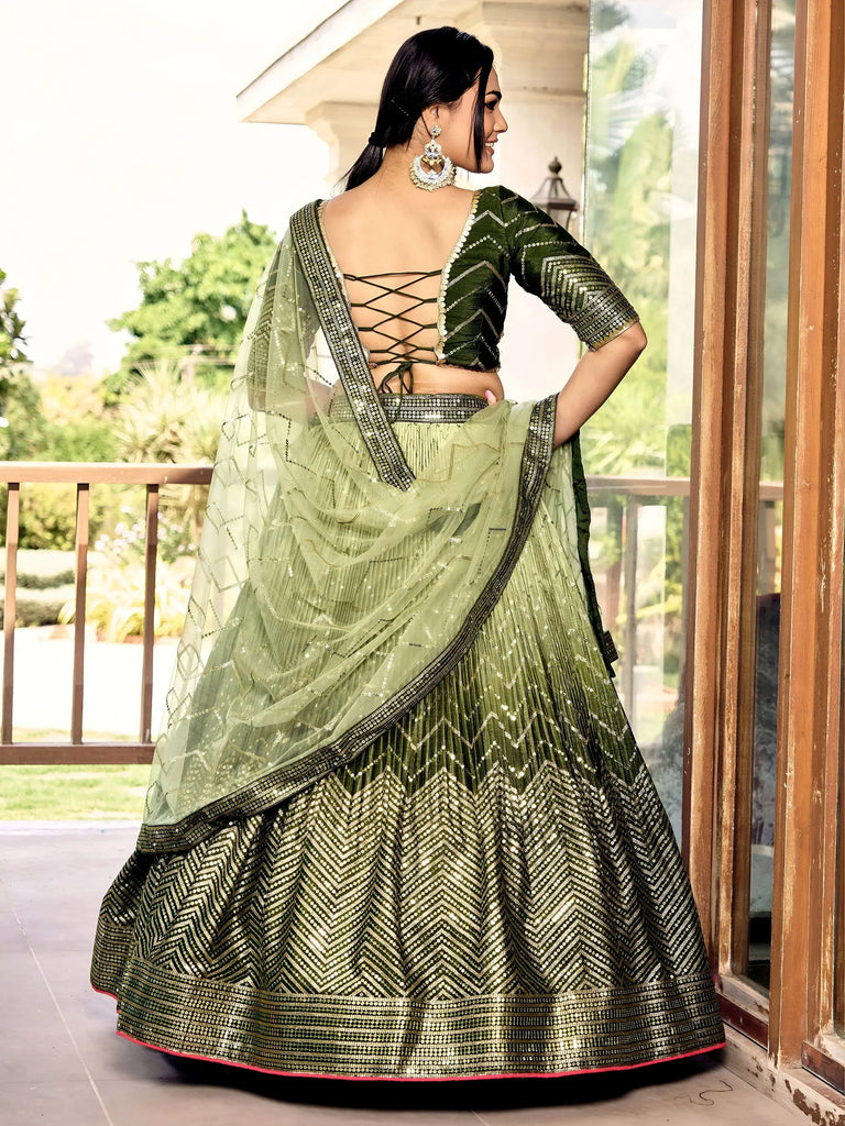 Awesome Green Sequins Chinon Mehendi Wear Lehenga Choli