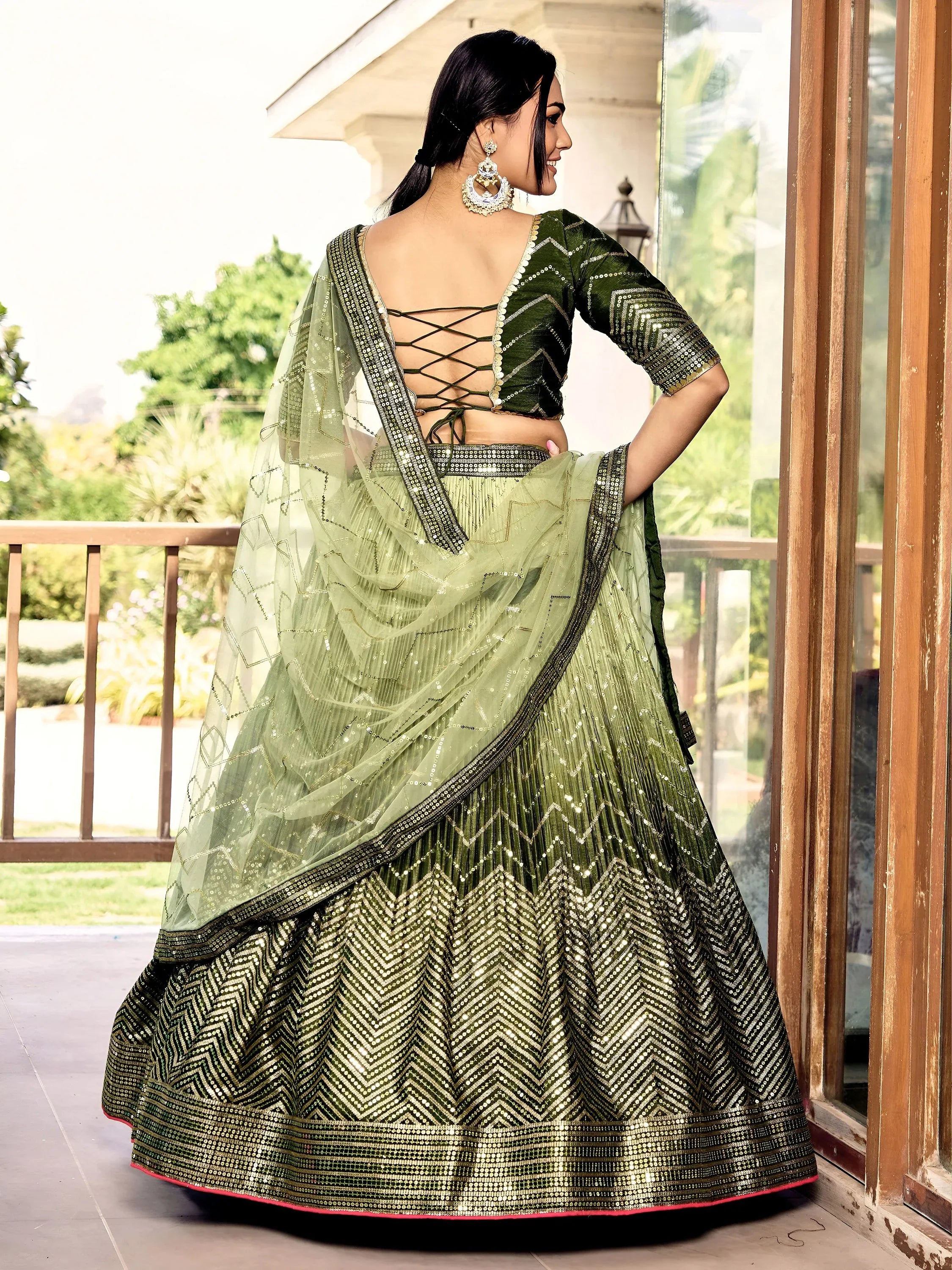 Awesome Green Sequins Chinon Mehendi Wear Lehenga Choli