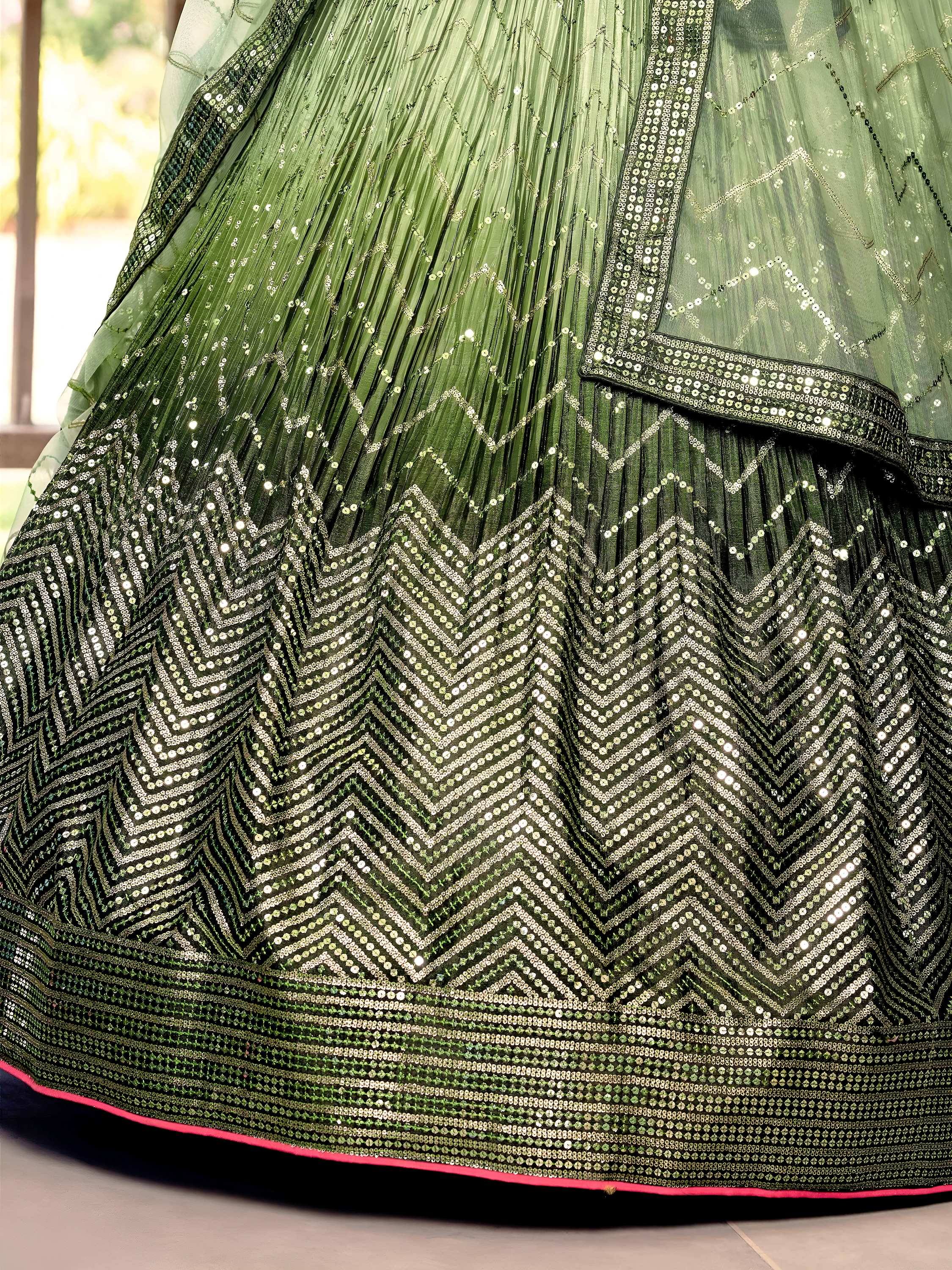 Awesome Green Sequins Chinon Mehendi Wear Lehenga Choli