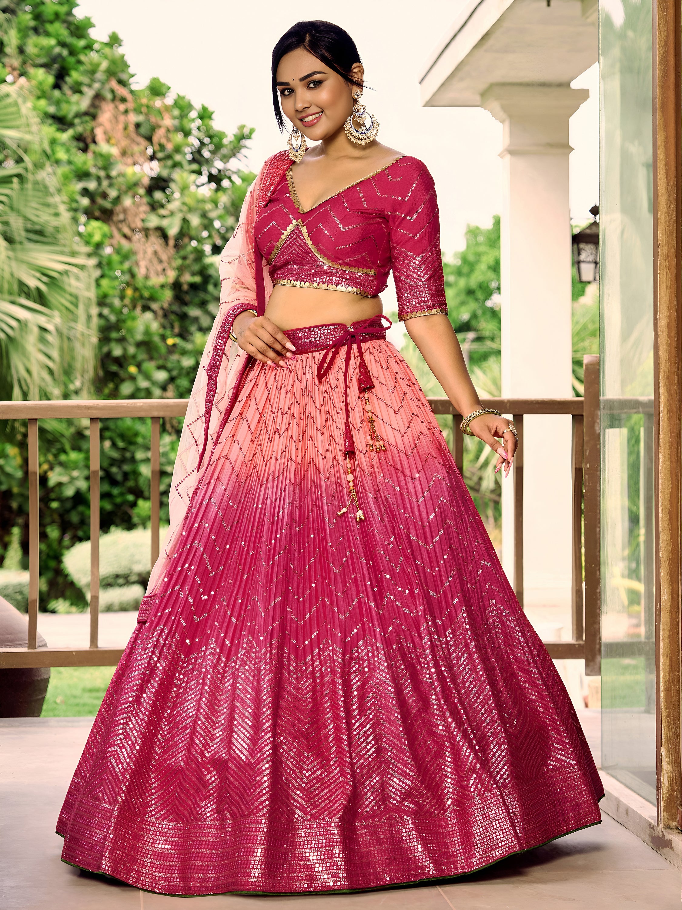 Marvelous Pink Sequins Chinon Wedding Lehenga Choli With Dupatta