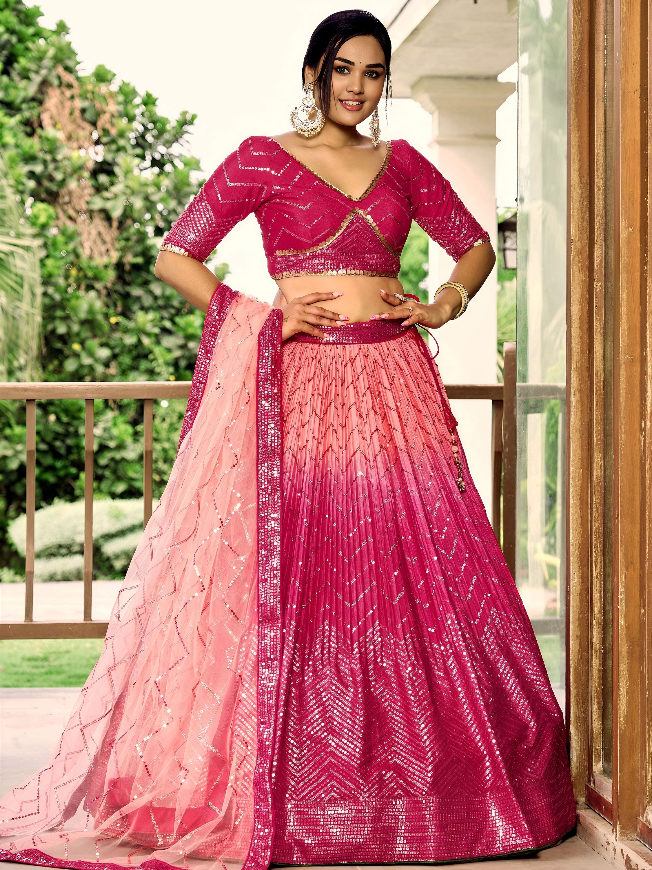 Marvelous Pink Sequins Chinon Wedding Lehenga Choli With Dupatta