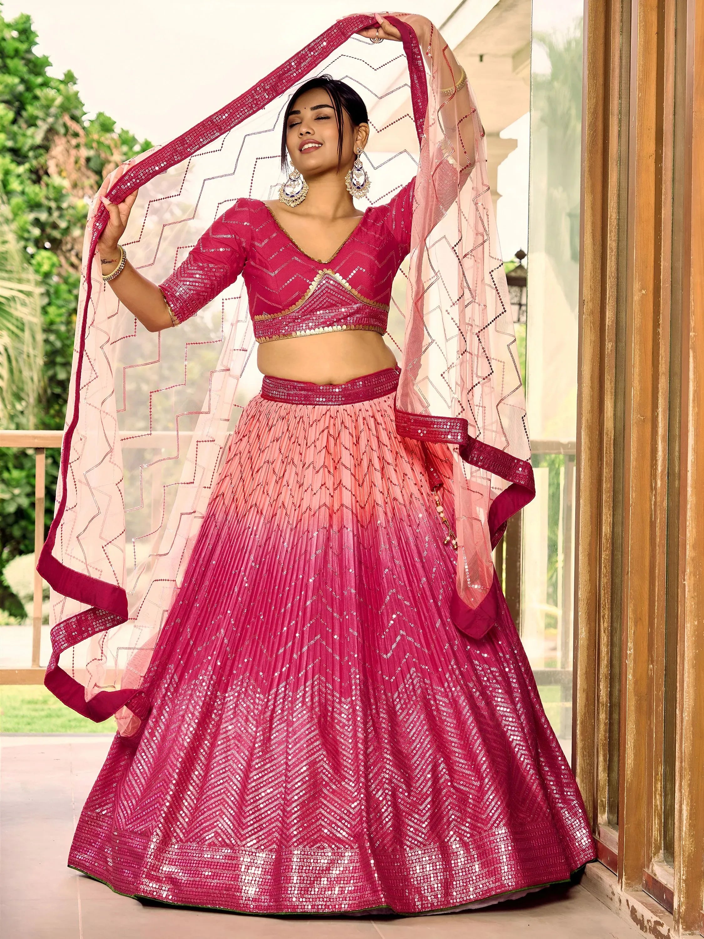 Marvelous Pink Sequins Chinon Wedding Lehenga Choli With Dupatta