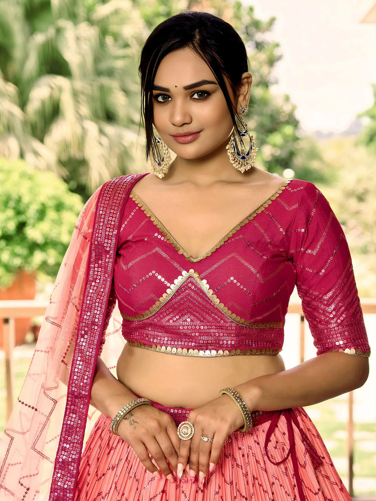 Marvelous Pink Sequins Chinon Wedding Lehenga Choli With Dupatta