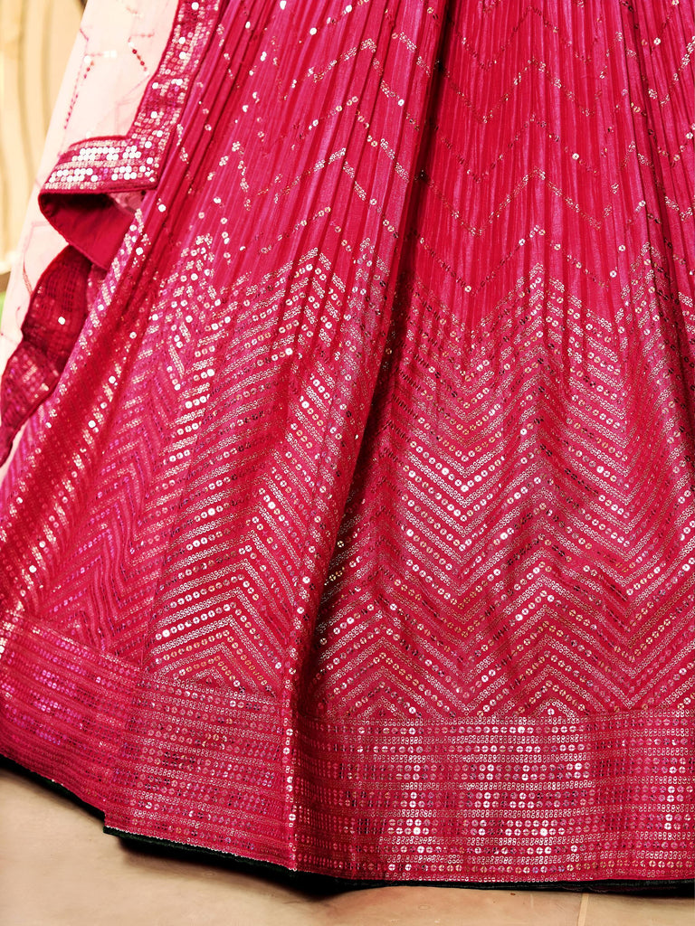 Marvelous Pink Sequins Chinon Wedding Lehenga Choli With Dupatta