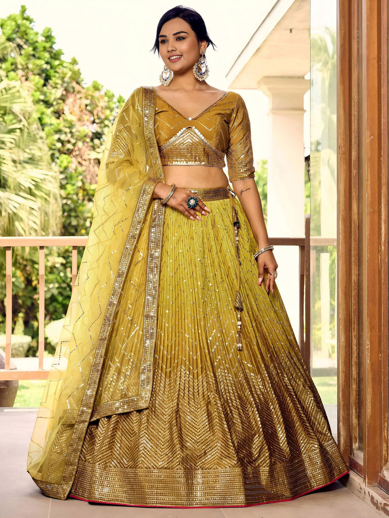 Outstanding Yellow Sequins Chinon Haldi Wear Lehenga Choli