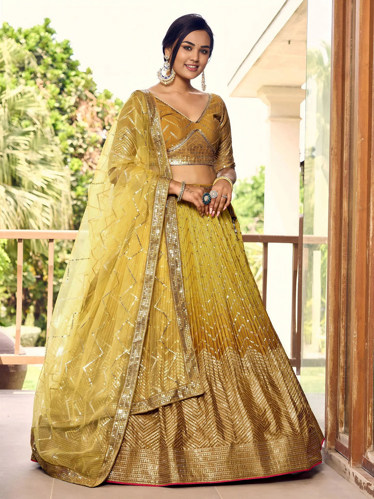 Outstanding Yellow Sequins Chinon Haldi Wear Lehenga Choli