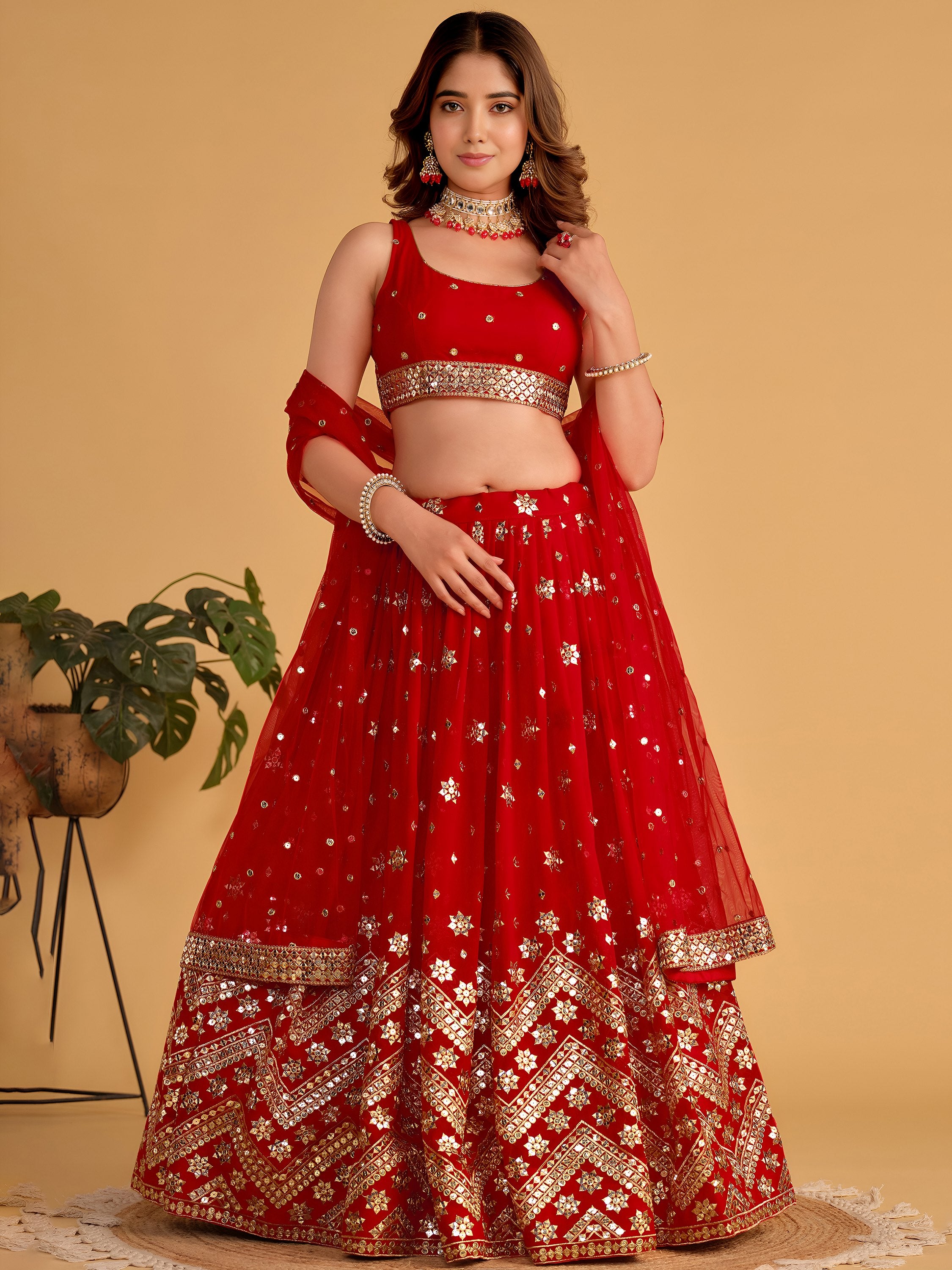 Fascinating Red Sequins Georgette Wedding Lehenga Choli With Dupatta