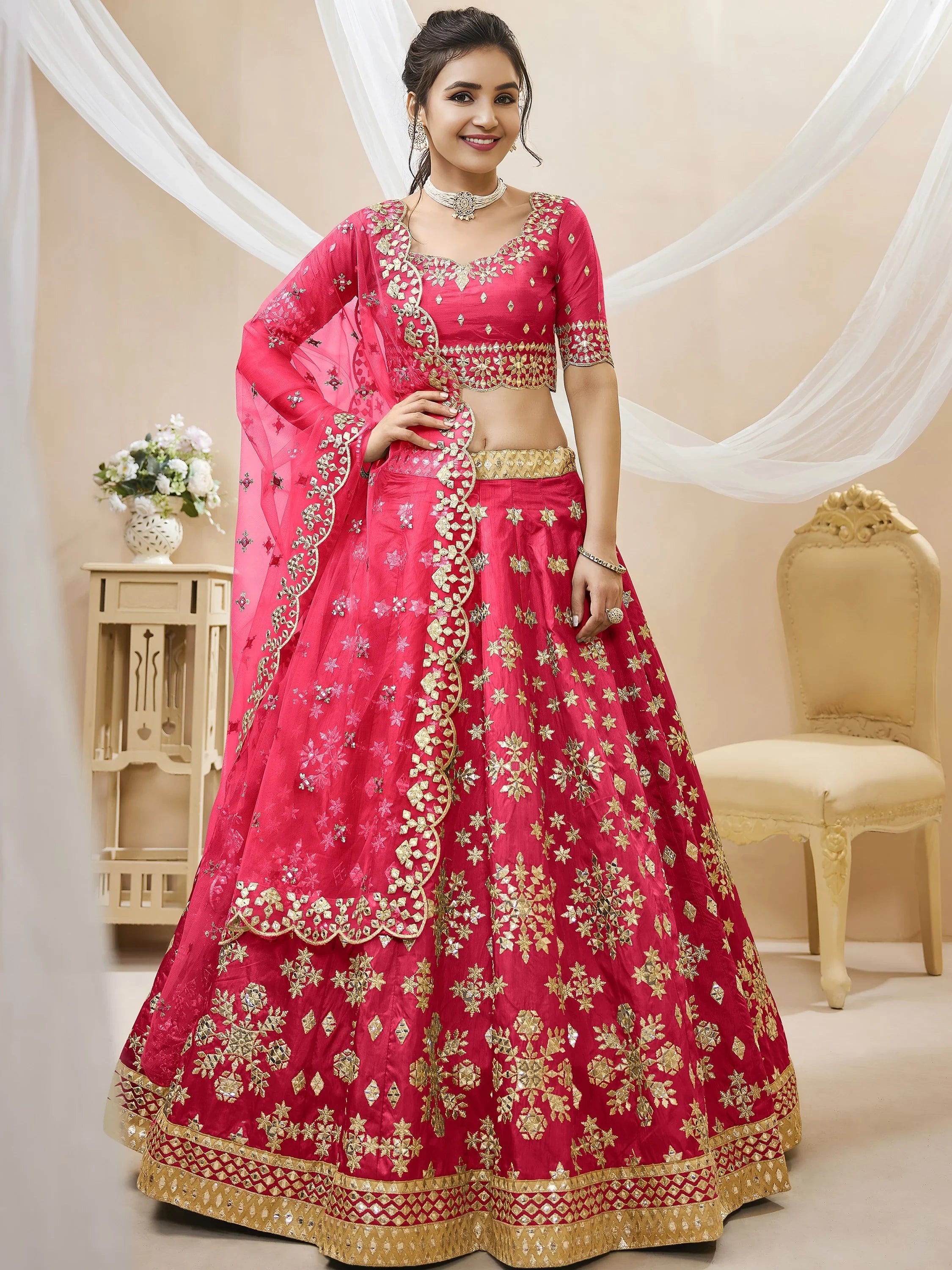 Outstanding Pink Zari Work Art Silk Reception Wear Lehenga Choli