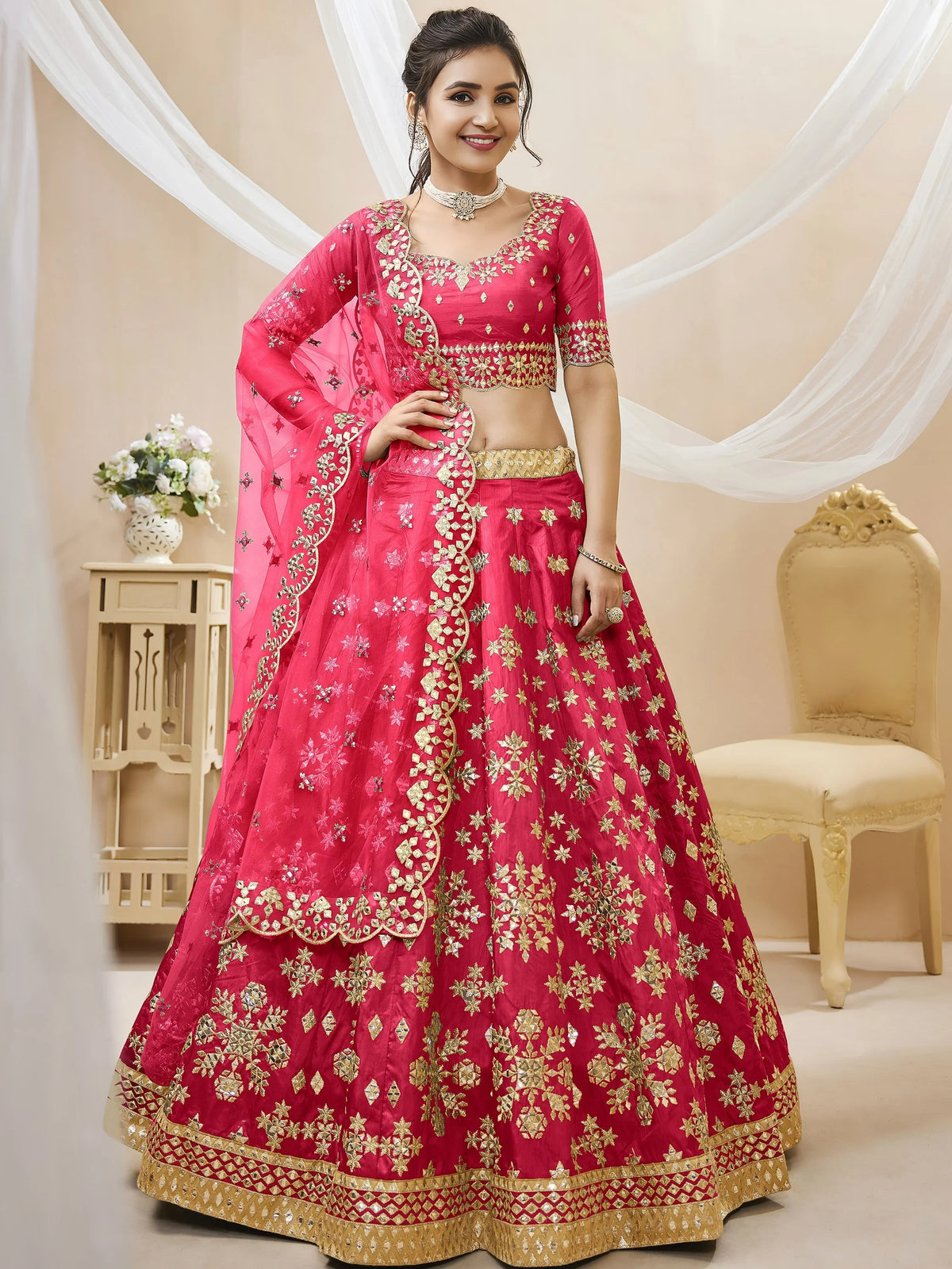 Outstanding Pink Zari Work Art Silk Reception Wear Lehenga Choli