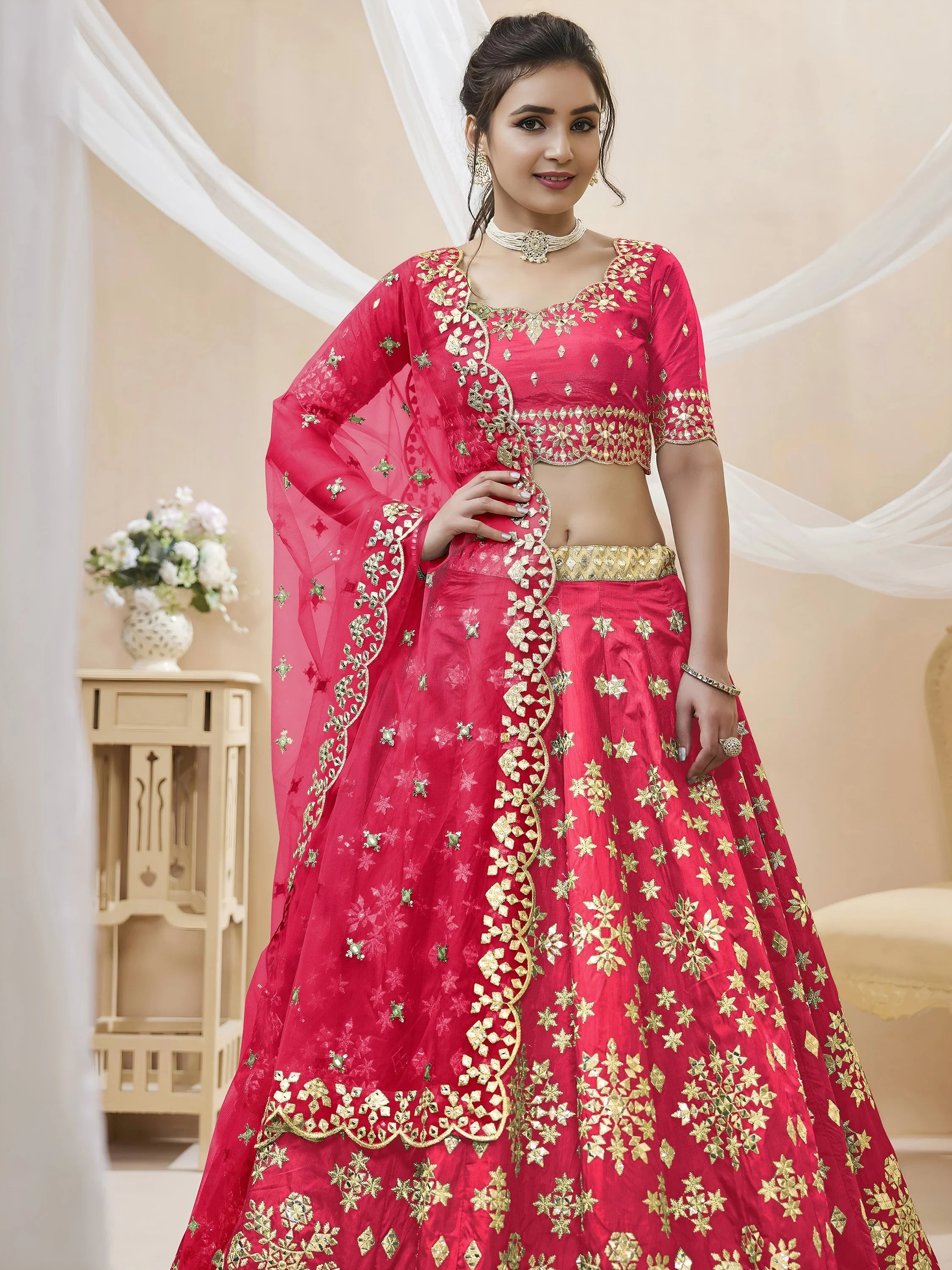 Outstanding Pink Zari Work Art Silk Reception Wear Lehenga Choli