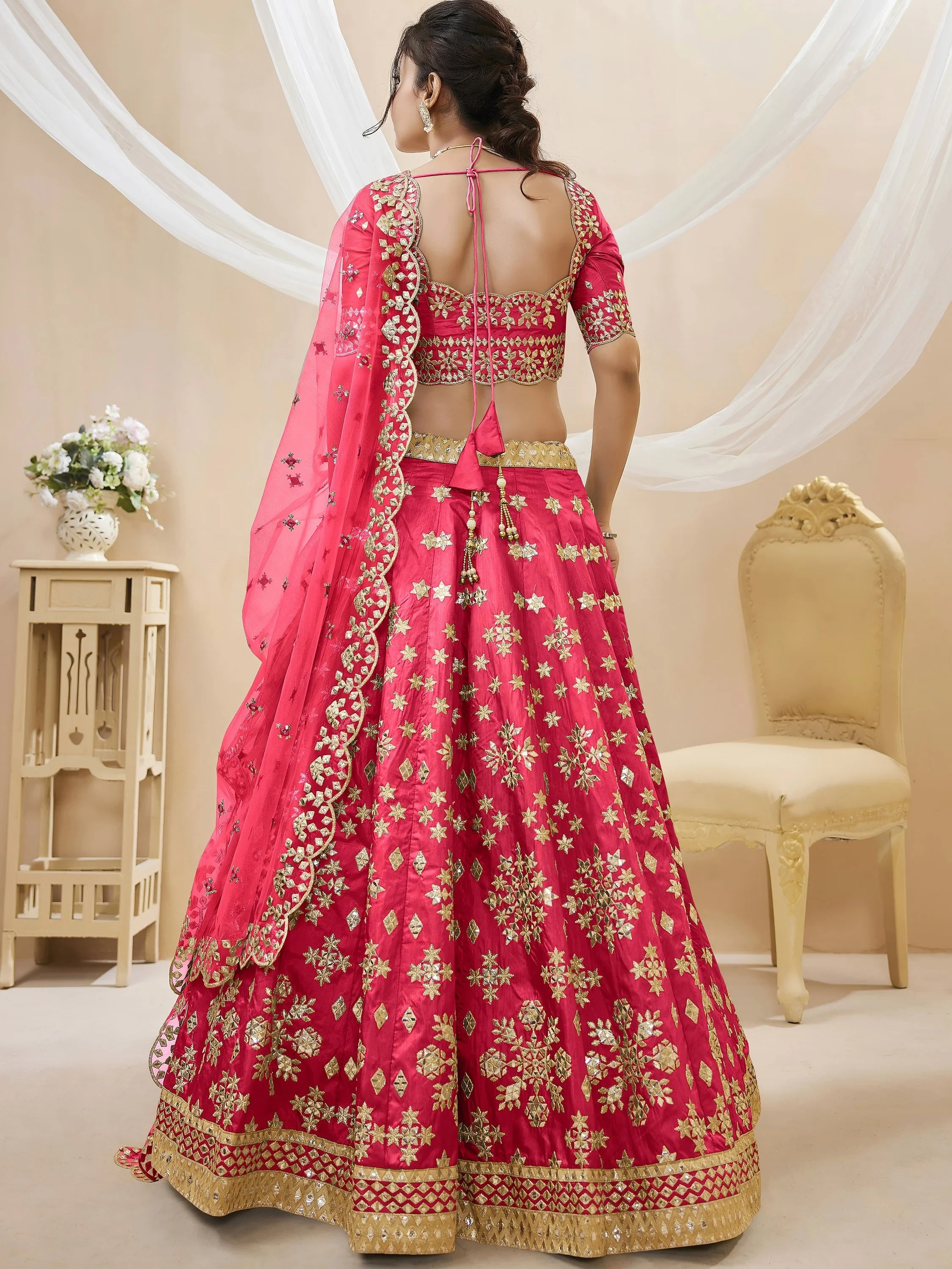 Outstanding Pink Zari Work Art Silk Reception Wear Lehenga Choli