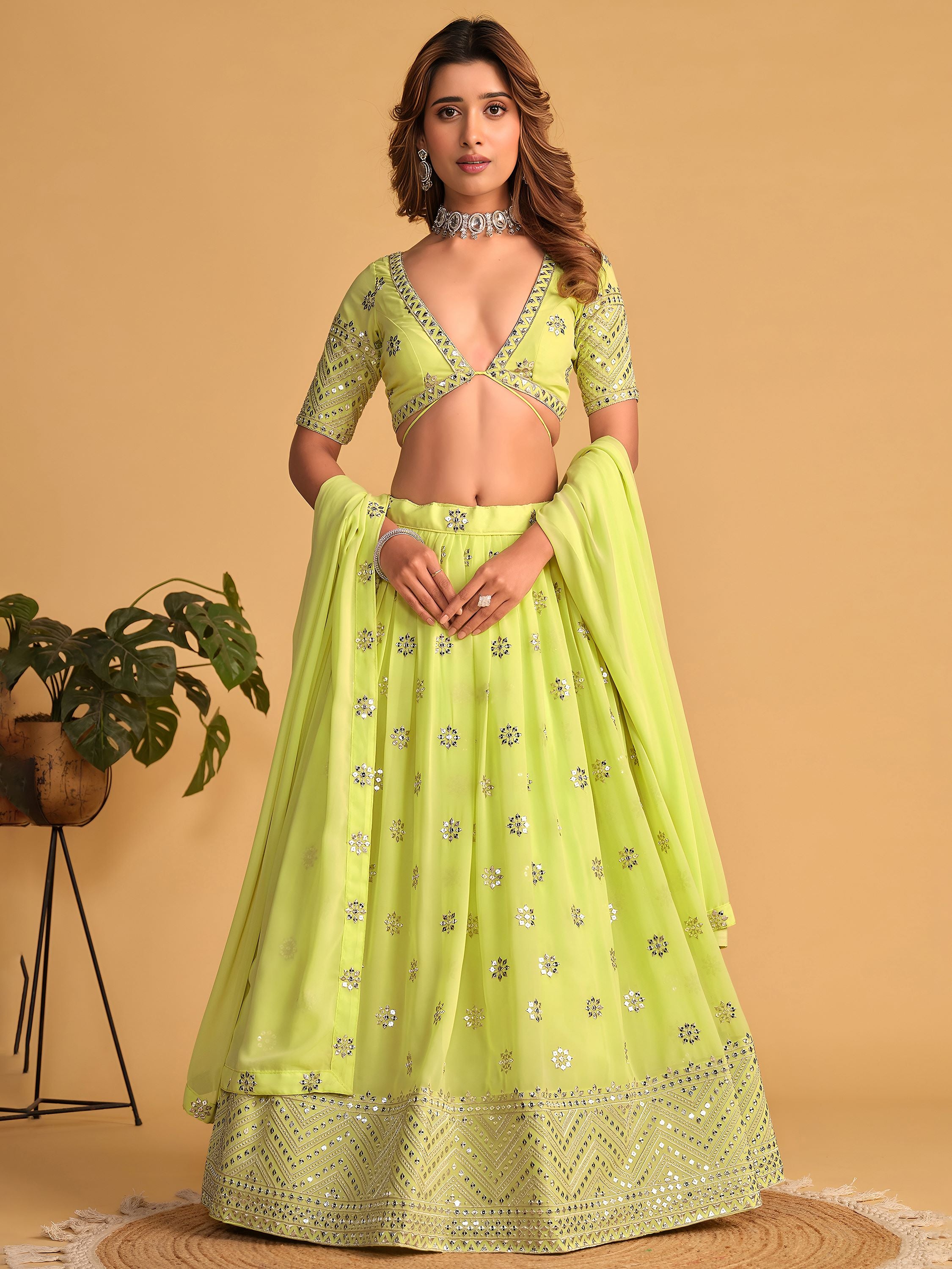 Stunning Lime Green Sequins Georgette Reception Wear Lehenga Choli