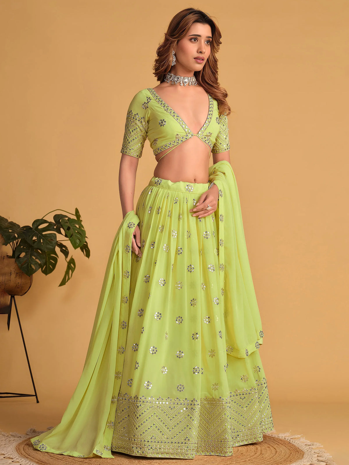 Stunning Lime Green Sequins Georgette Reception Wear Lehenga Choli