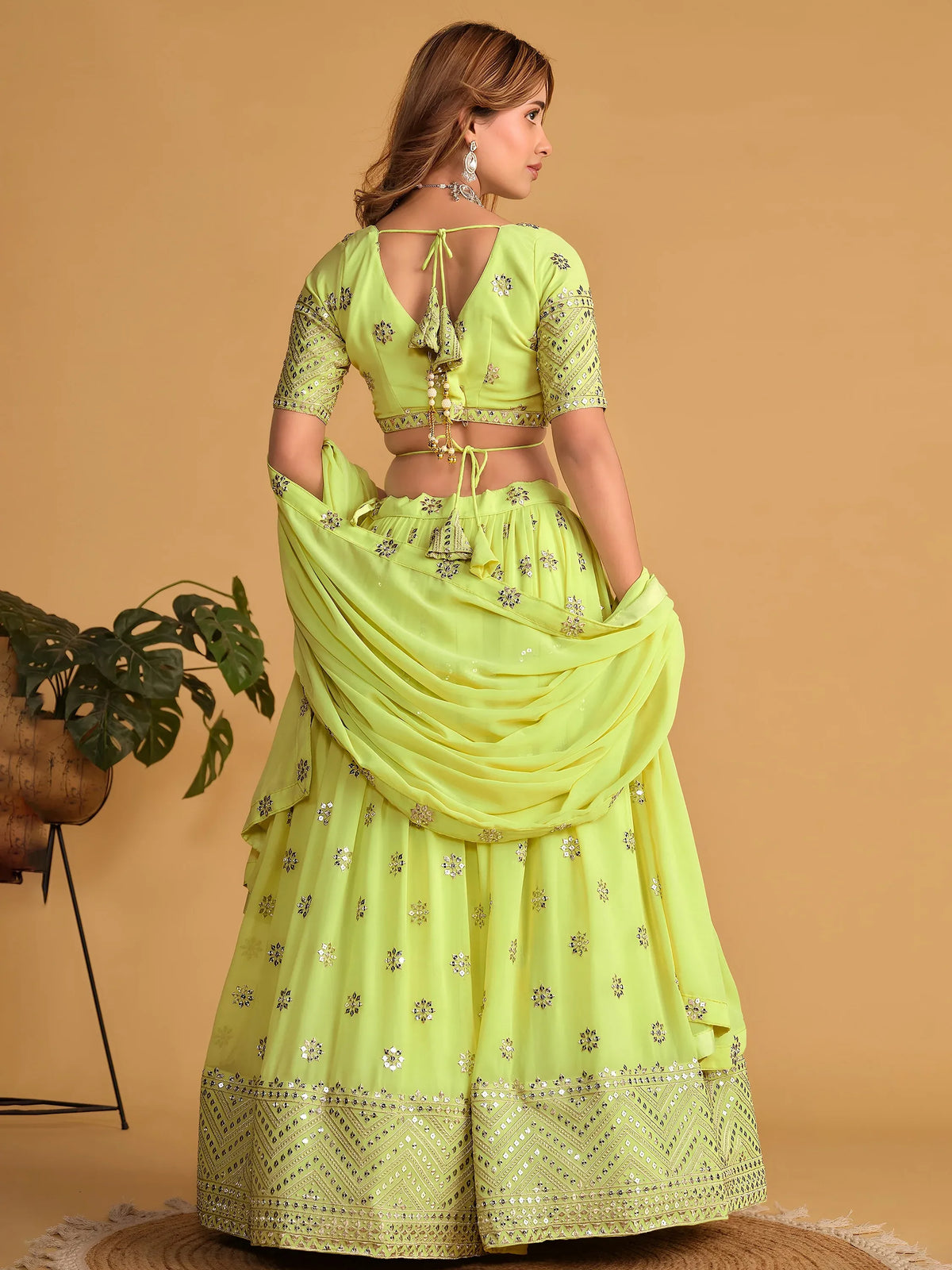 Stunning Lime Green Sequins Georgette Reception Wear Lehenga Choli