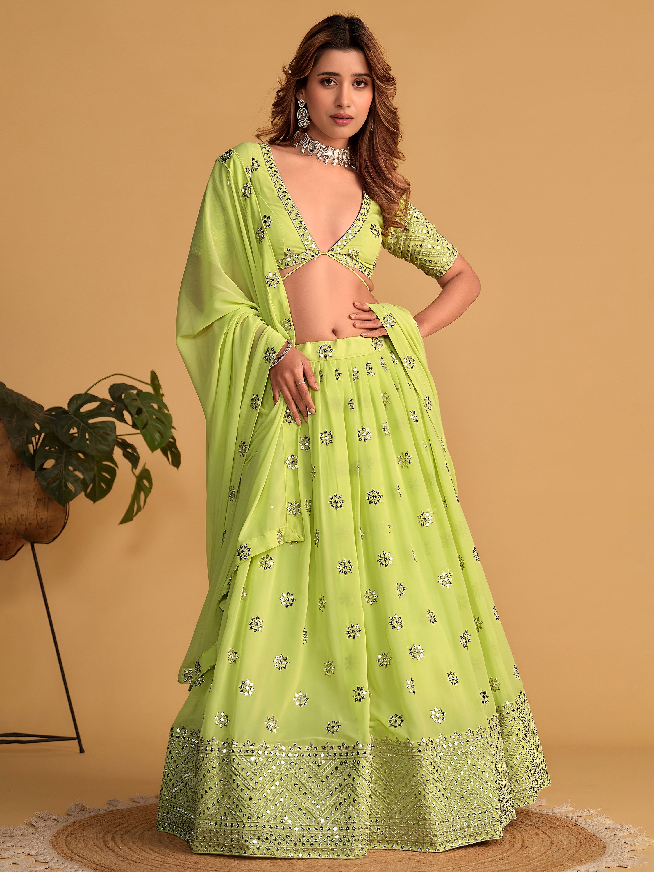 Stunning Lime Green Sequins Georgette Reception Wear Lehenga Choli