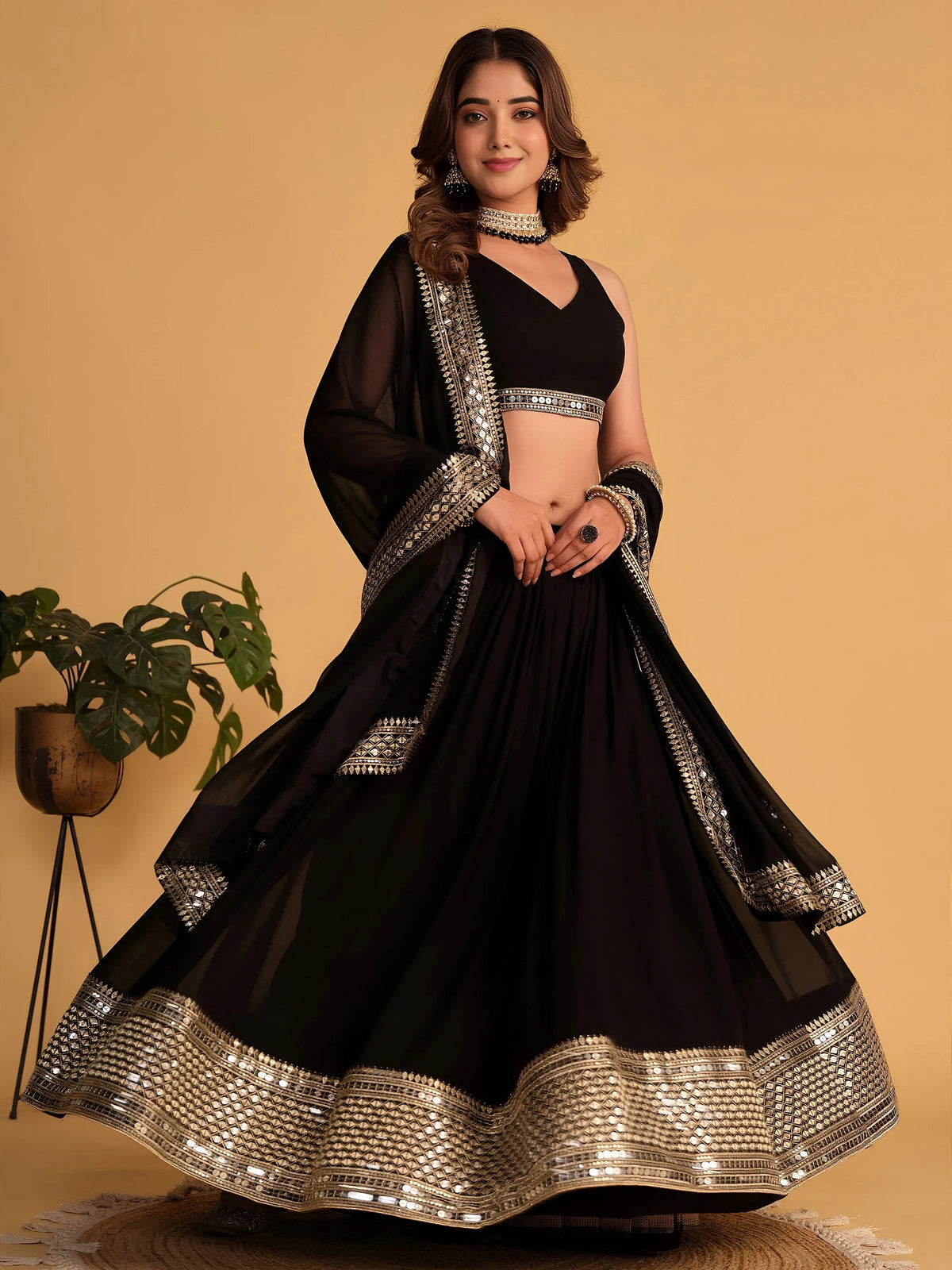 Beautiful Black Zari Embroidered Georgette Lehenga Choli With Dupatta