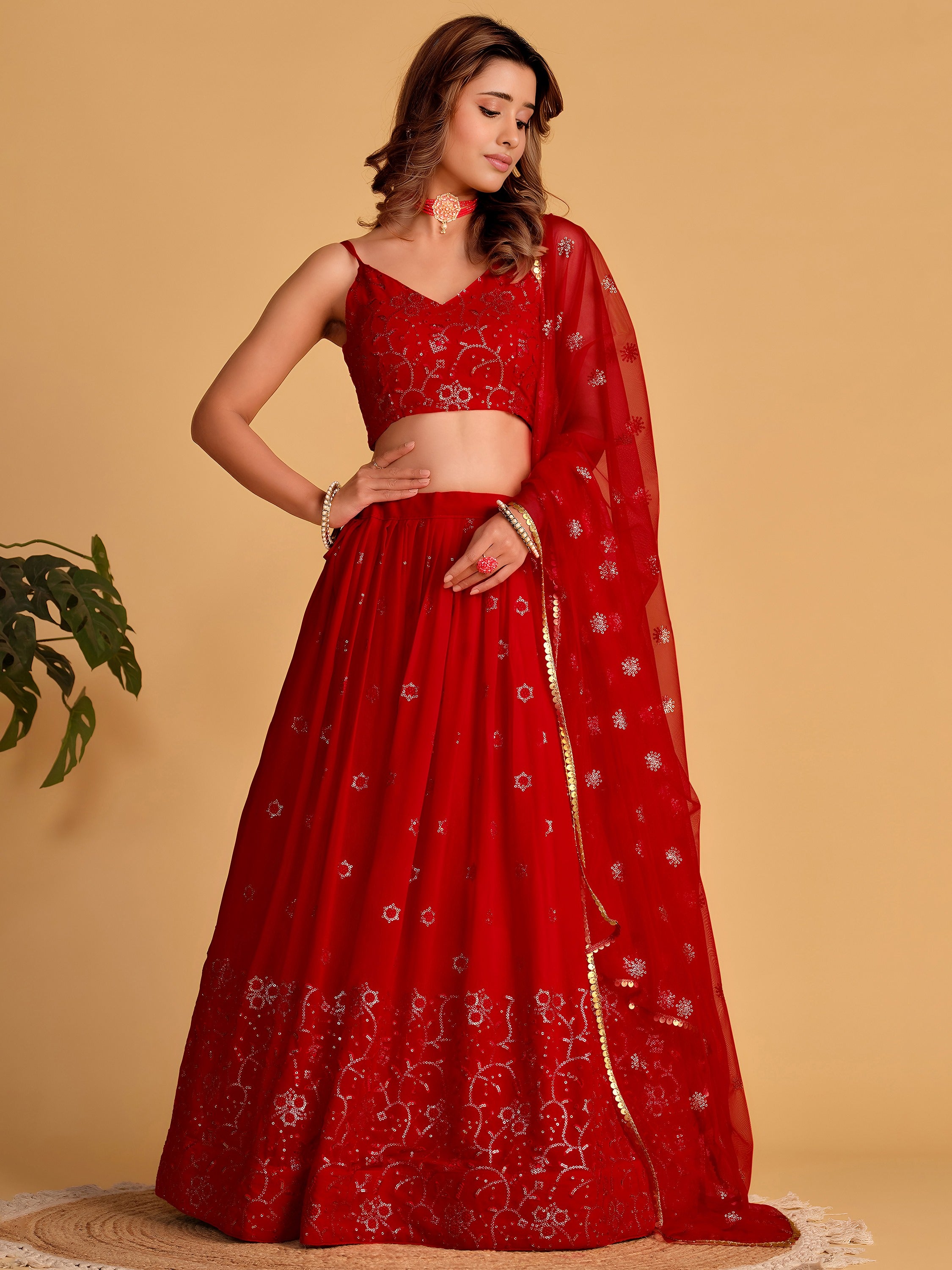 Marvelous Red Embroidered Georgette Engagement Wear Lehenga Choli