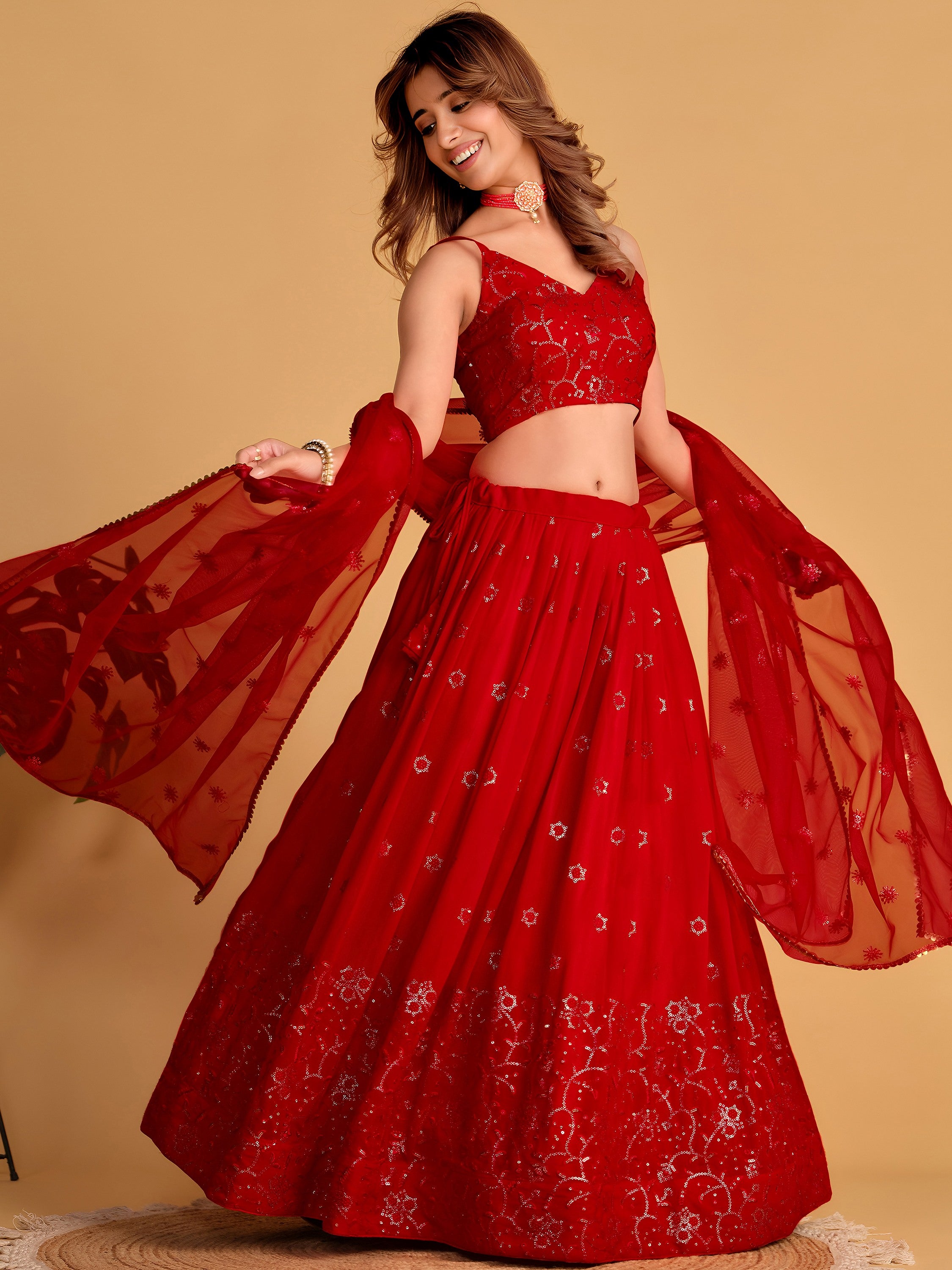 Marvelous Red Embroidered Georgette Engagement Wear Lehenga Choli