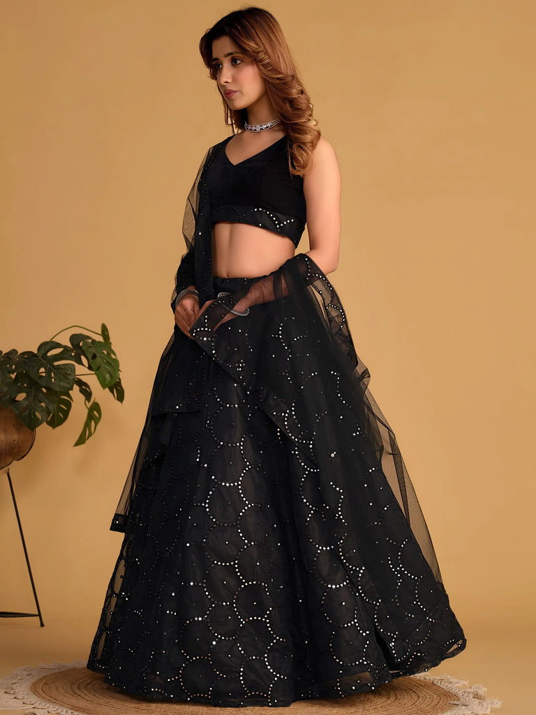 Mesmerizing Black Mirror Work Organza Reception Wear Lehenga Choli