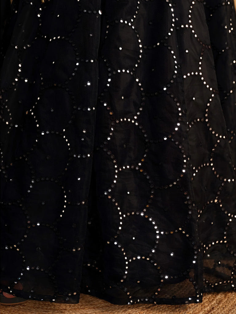 Mesmerizing Black Mirror Work Organza Reception Wear Lehenga Choli