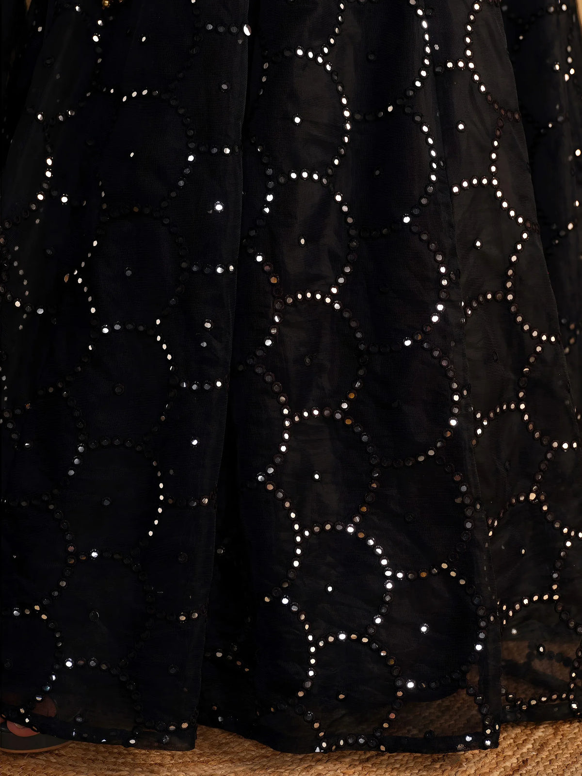 Mesmerizing Black Mirror Work Organza Reception Wear Lehenga Choli