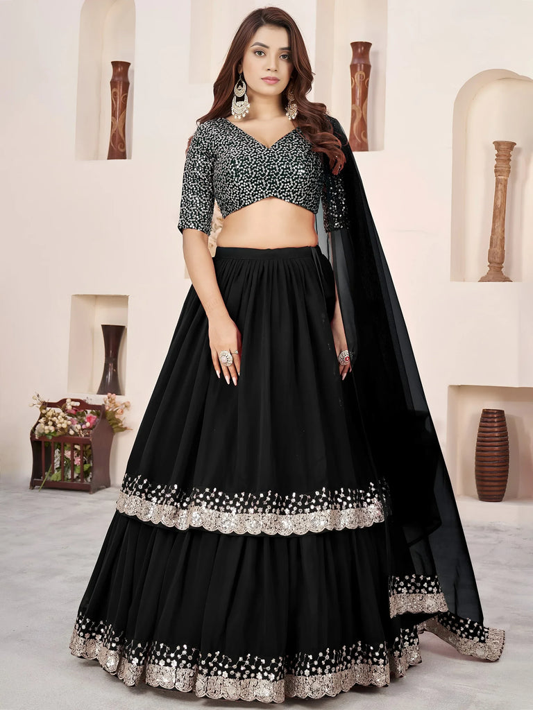 Outstanding Black Sequins Georgette Wedding Wear Lehenga Choli