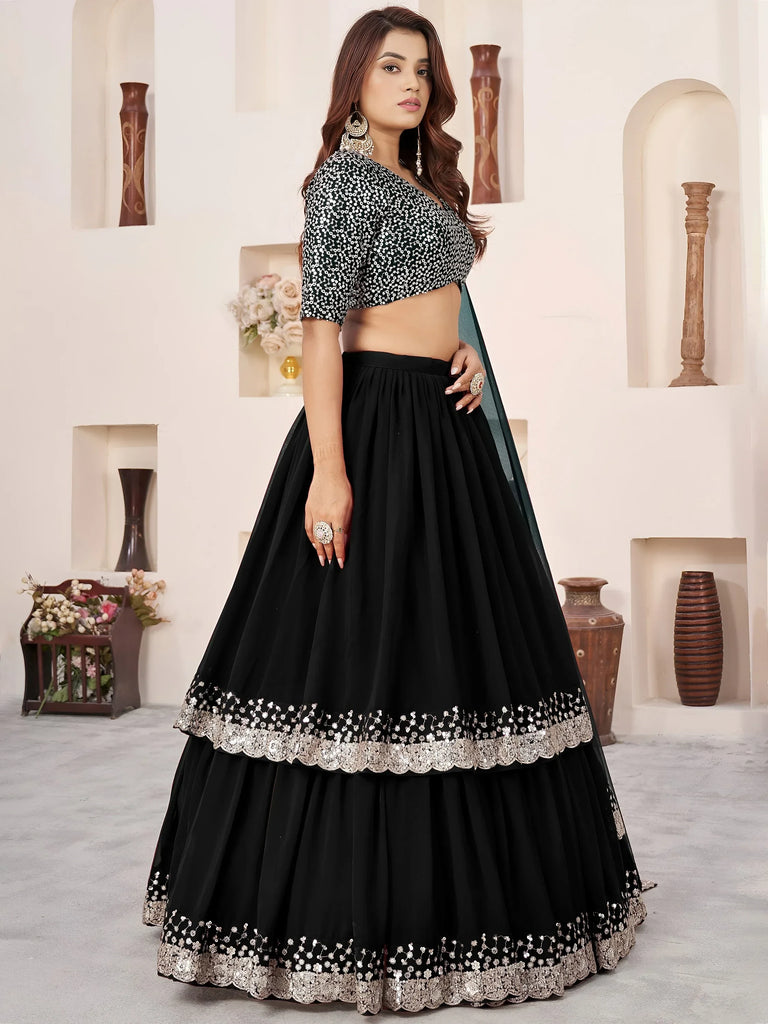 Outstanding Black Sequins Georgette Wedding Wear Lehenga Choli