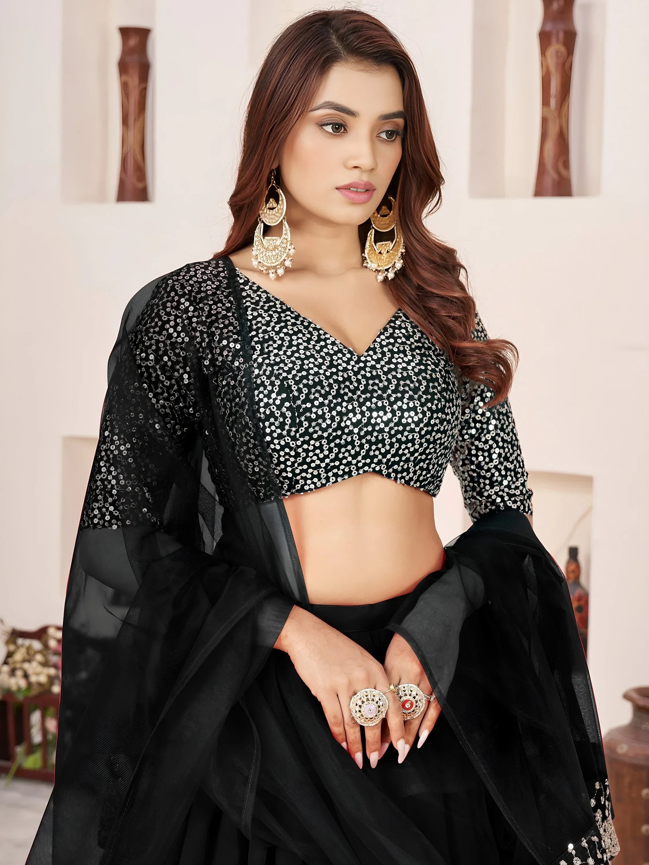 Outstanding Black Sequins Georgette Wedding Wear Lehenga Choli
