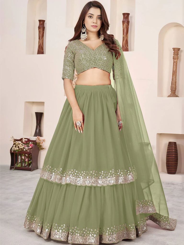 Amazing Olive Green Sequins Georgette Wedding Wear Lehenga Choli
