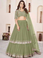 Amazing Olive Green Sequins Georgette Wedding Wear Lehenga Choli