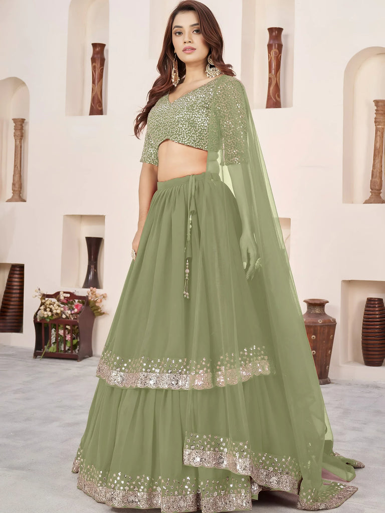 Amazing Olive Green Sequins Georgette Wedding Wear Lehenga Choli