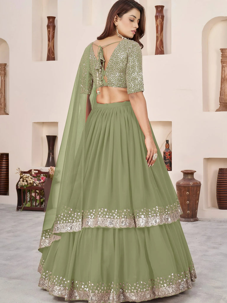 Amazing Olive Green Sequins Georgette Wedding Wear Lehenga Choli
